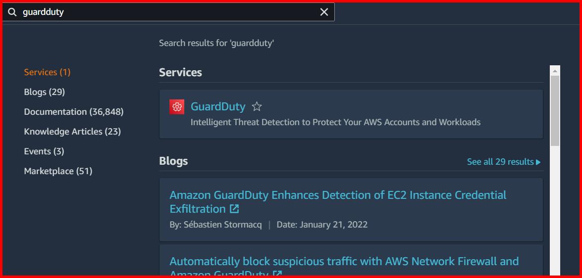 Picture showing the GuardDuty service in the search result